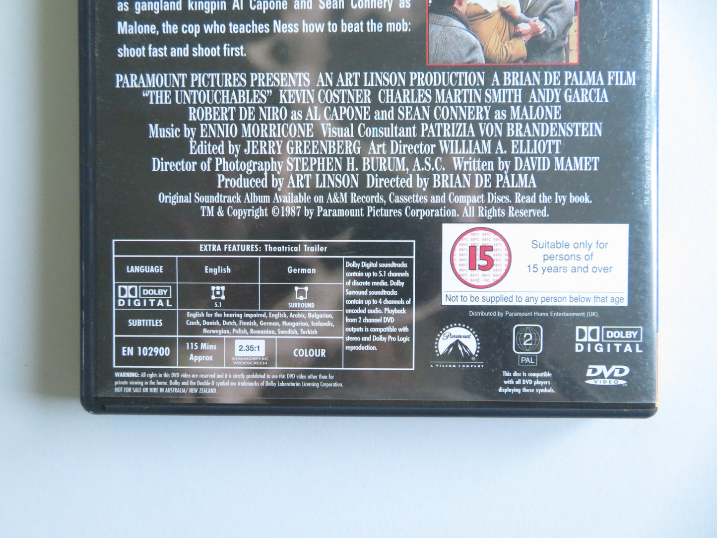 THE UNTOUCHABLES - B (DVD) KEVIN COSTNER SEAN CONNERY 1987 REGION 2