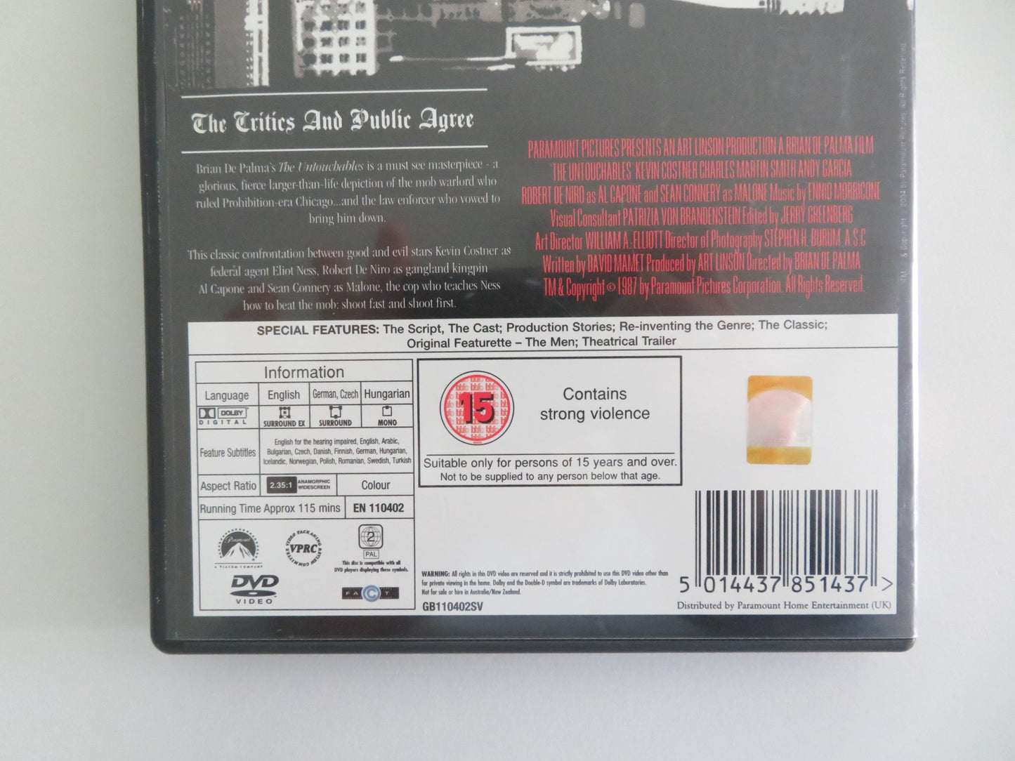 THE UNTOUCHABLES (DVD) KEVIN COSTNER SEAN CONNERY 1987 REGION 2