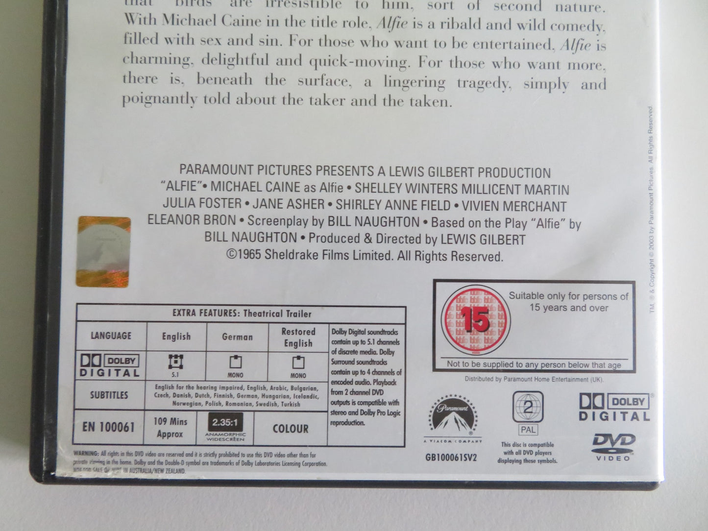 ALFIE - WIDESCREEN COLLECTION (DVD) MICHAEL CAINE SHELLEY WINTERS 1966 REGION 2