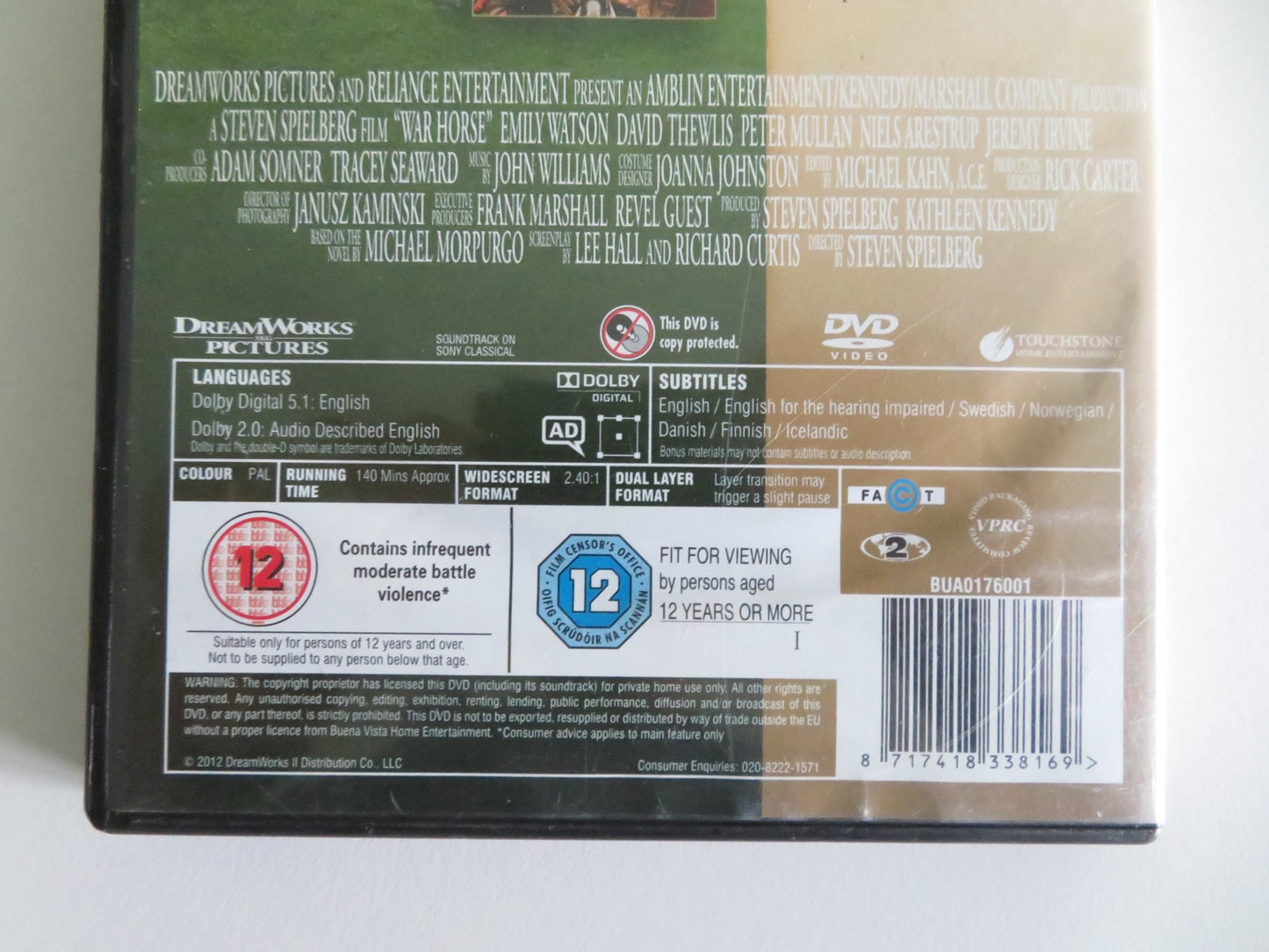 WAR HORSE (DVD) JEREMY IRVINE EMILY WATSON TOM HIDDLESTON 2011 REGION 2