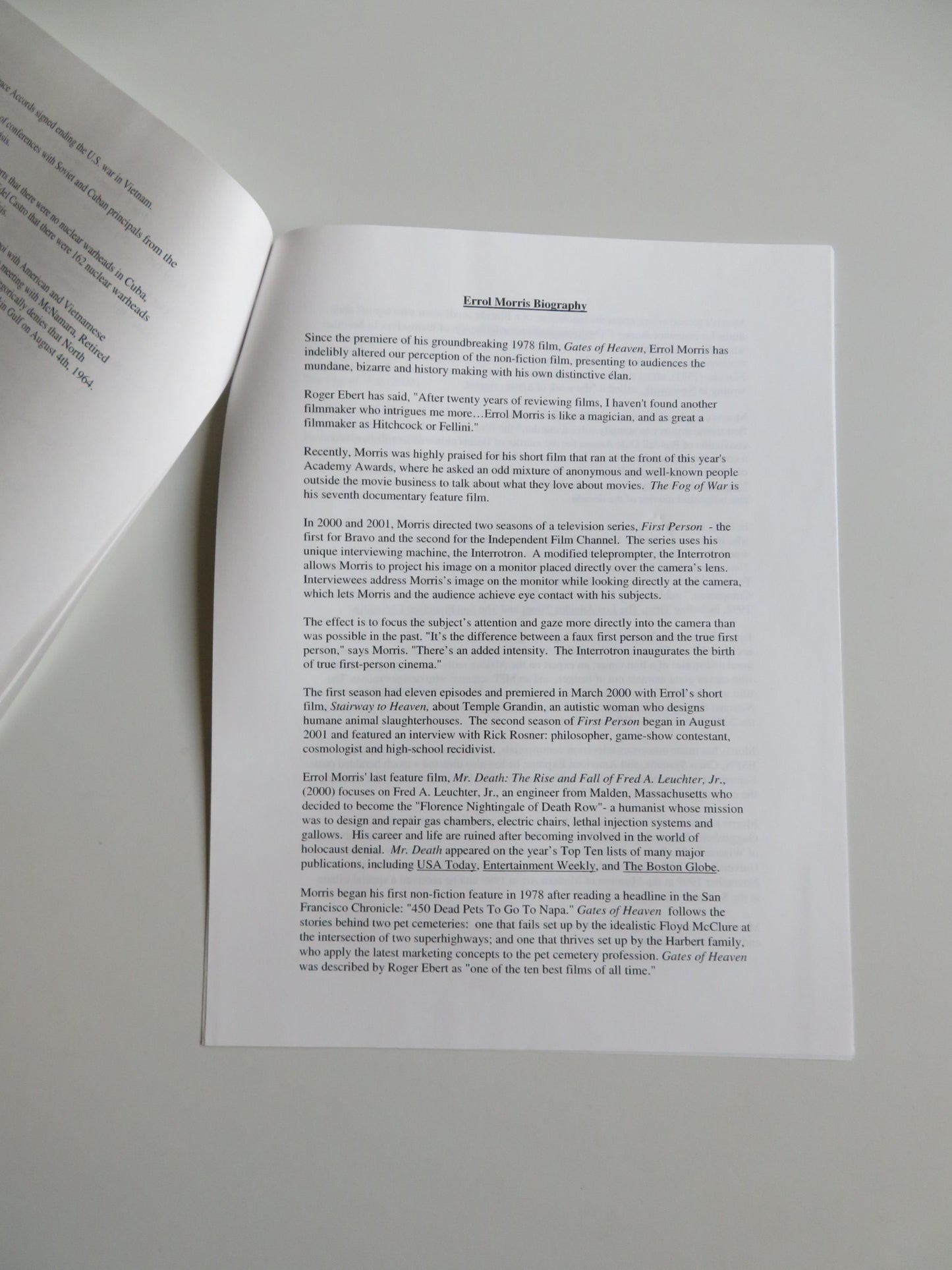 THE FOG OF WAR PRESS KIT 2003 ROBERT MCNAMARA