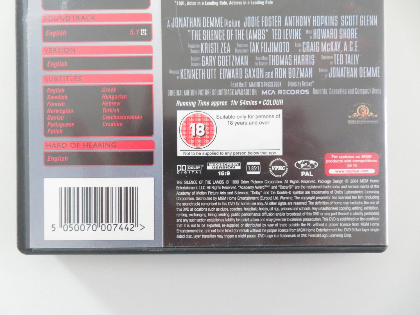 SILENCE OF THE LAMBS - B (DVD) ANTHONY HOPKINS JODIE FOSTER 1991 REGION 2