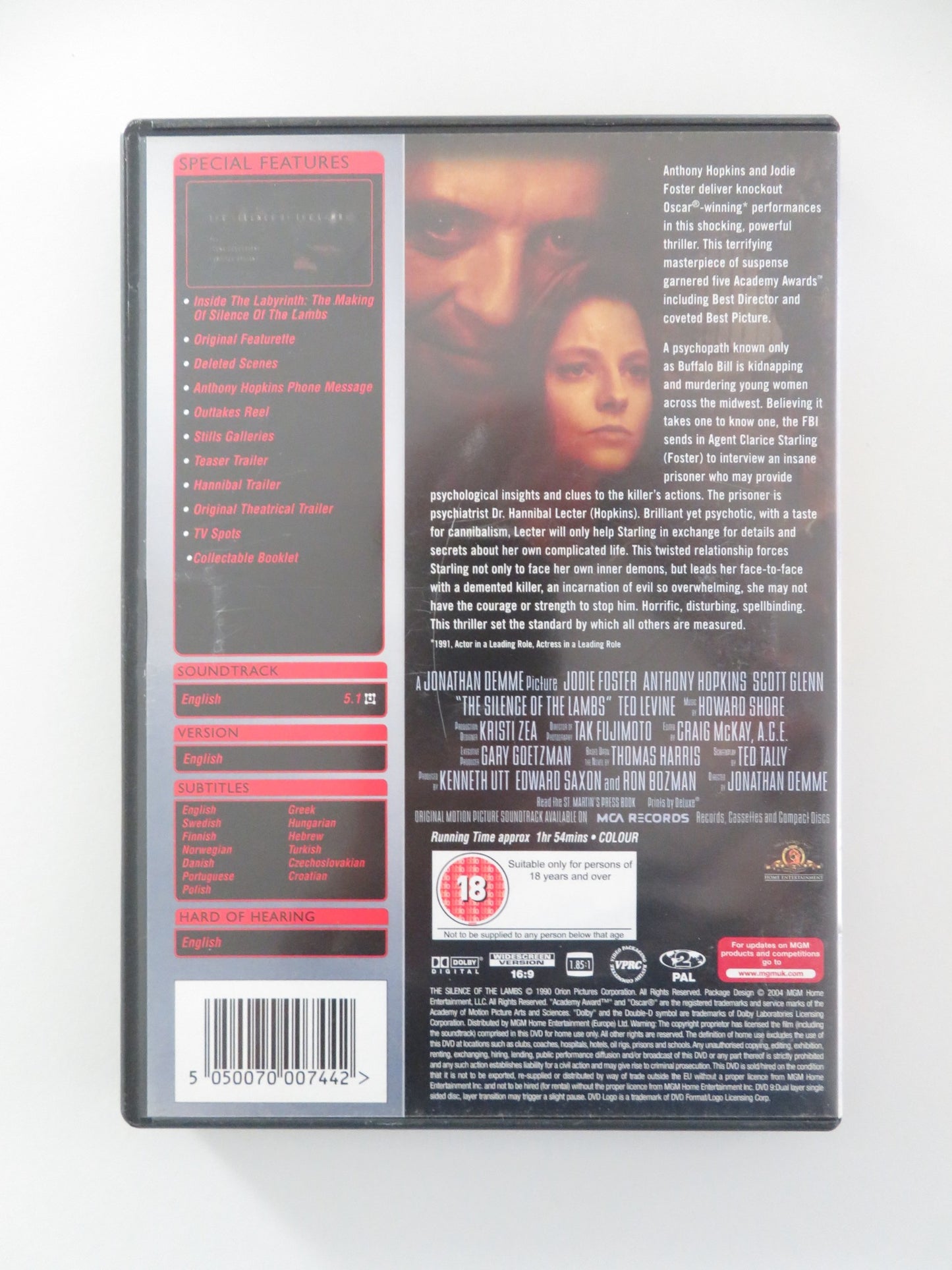 SILENCE OF THE LAMBS - B (DVD) ANTHONY HOPKINS JODIE FOSTER 1991 REGION 2