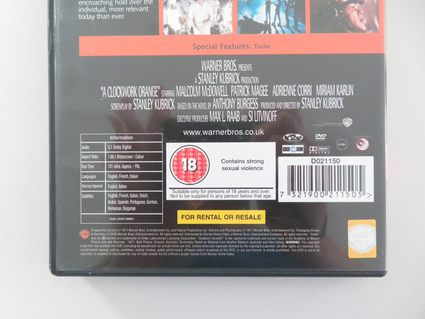 A CLOCKWORK ORANGE (DVD) MALCOLM MCDOWELL PATRICK MAGEE 1971 REGION 2 - Rendezvous Cinema