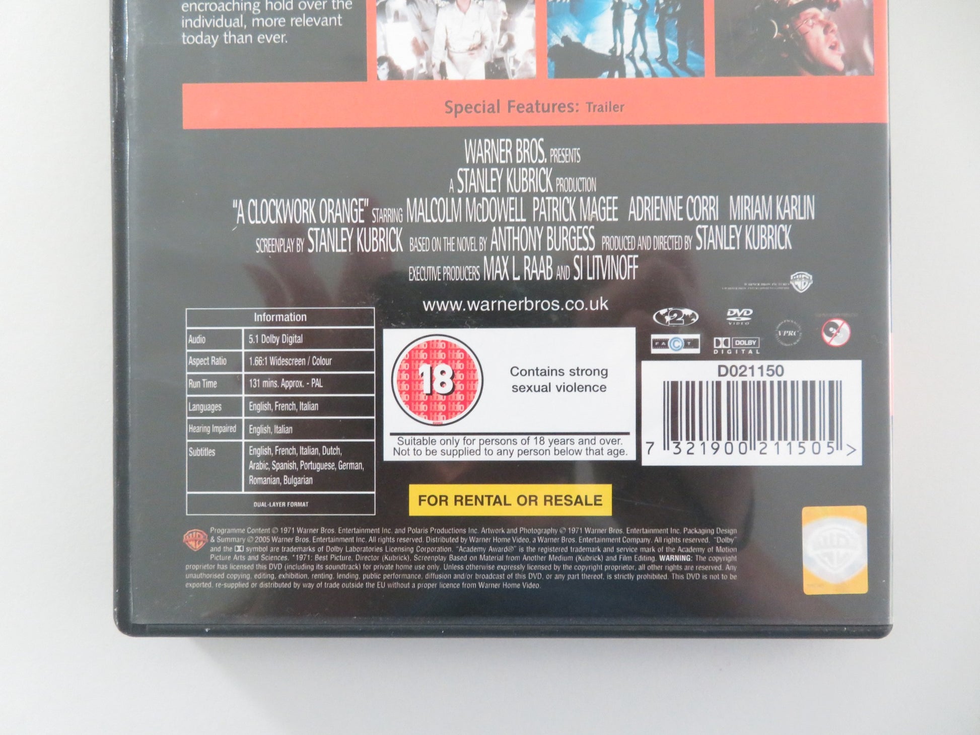 A CLOCKWORK ORANGE (DVD) MALCOLM MCDOWELL PATRICK MAGEE 1971 REGION 2 - Rendezvous Cinema