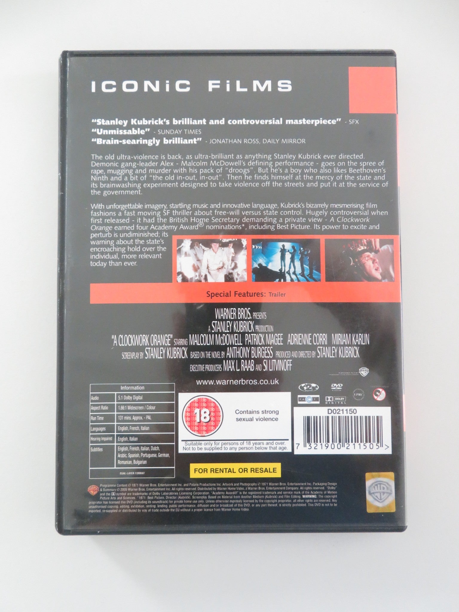 A CLOCKWORK ORANGE (DVD) MALCOLM MCDOWELL PATRICK MAGEE 1971 REGION 2 - Rendezvous Cinema