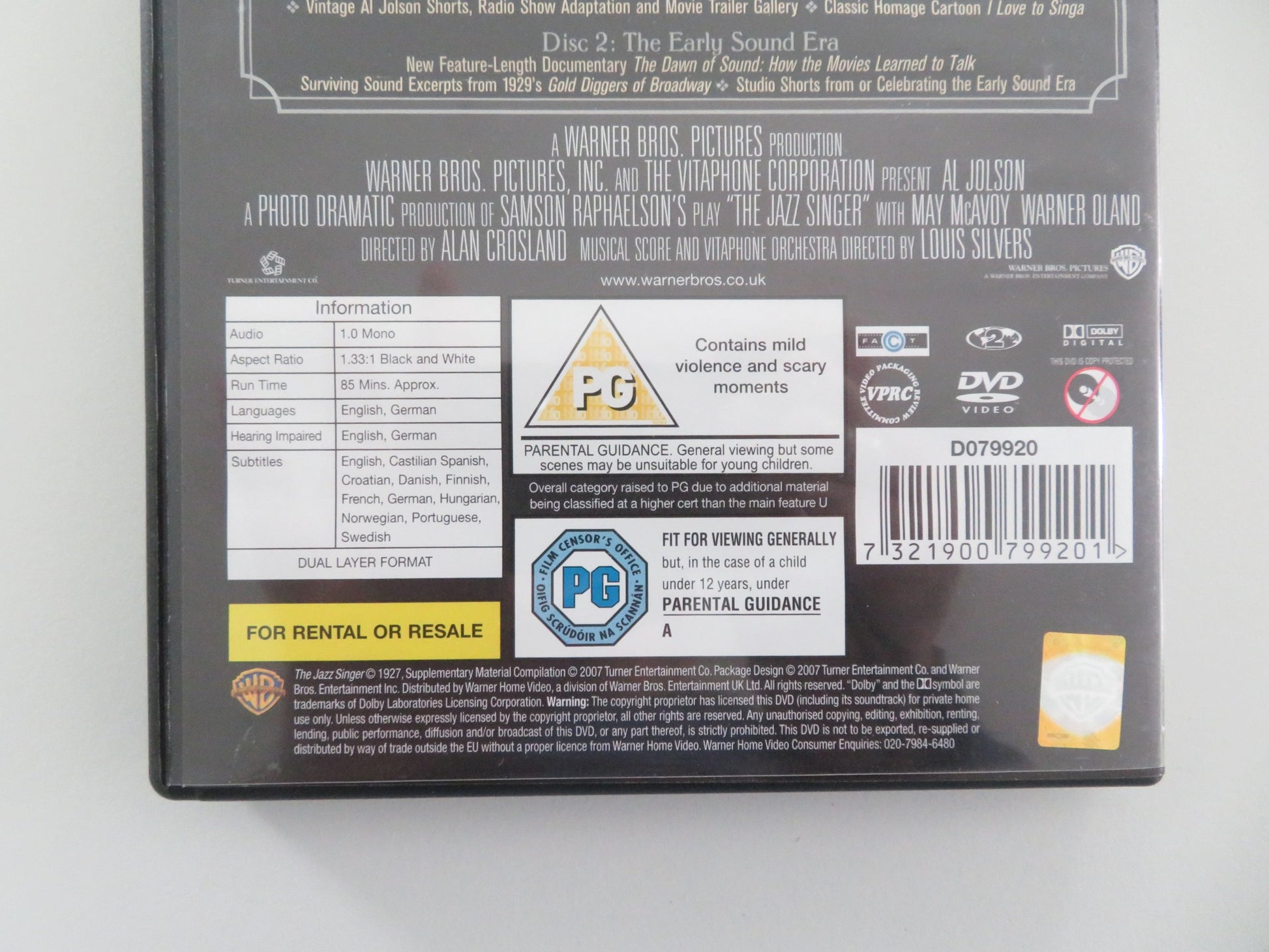 THE JAZZ SINGER - B (DVD) AL JOLSON MAY MCAVOY 1927 REGION 2 - Rendezvous Cinema