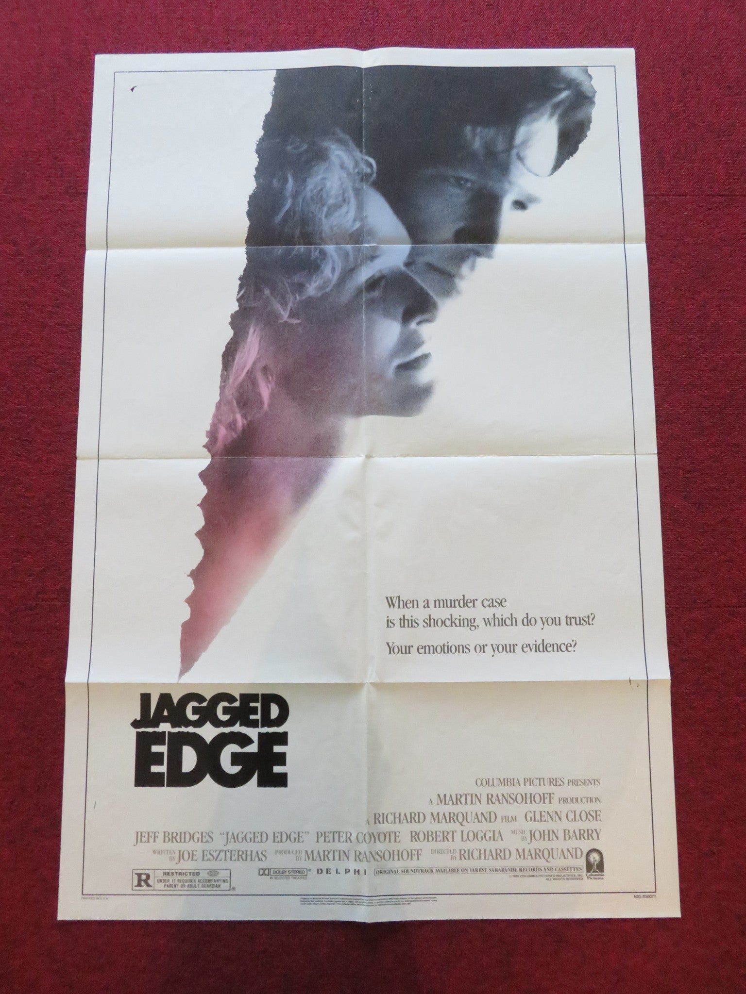 JAGGED EDGE FOLDED US ONE SHEET POSTER GLENN CLOSE JEFF BRIDGES 1985 Movie posters