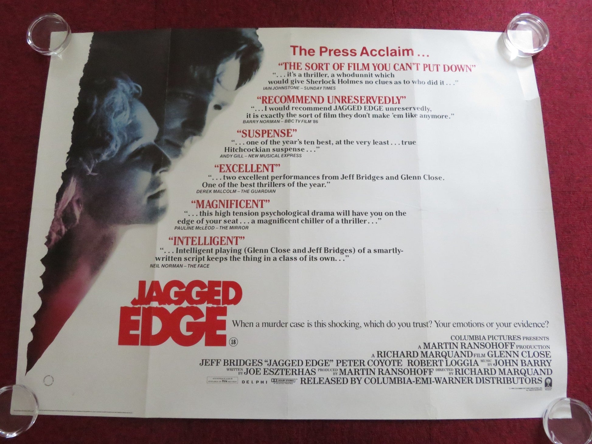 JAGGED EDGE UK QUAD ROLLED POSTER JEFF BRIDGES GLENN CLOSE 1985 Rendezvous Cinema Movie posters