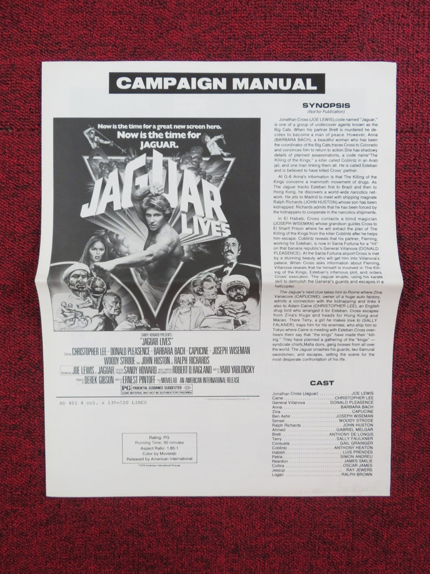 JAGUAR LIVES! UNCUT PRESS BOOK FOLDED CHRISTOPHER LEE JOE LEWIS 1979 Rendezvous Cinema Movie posters