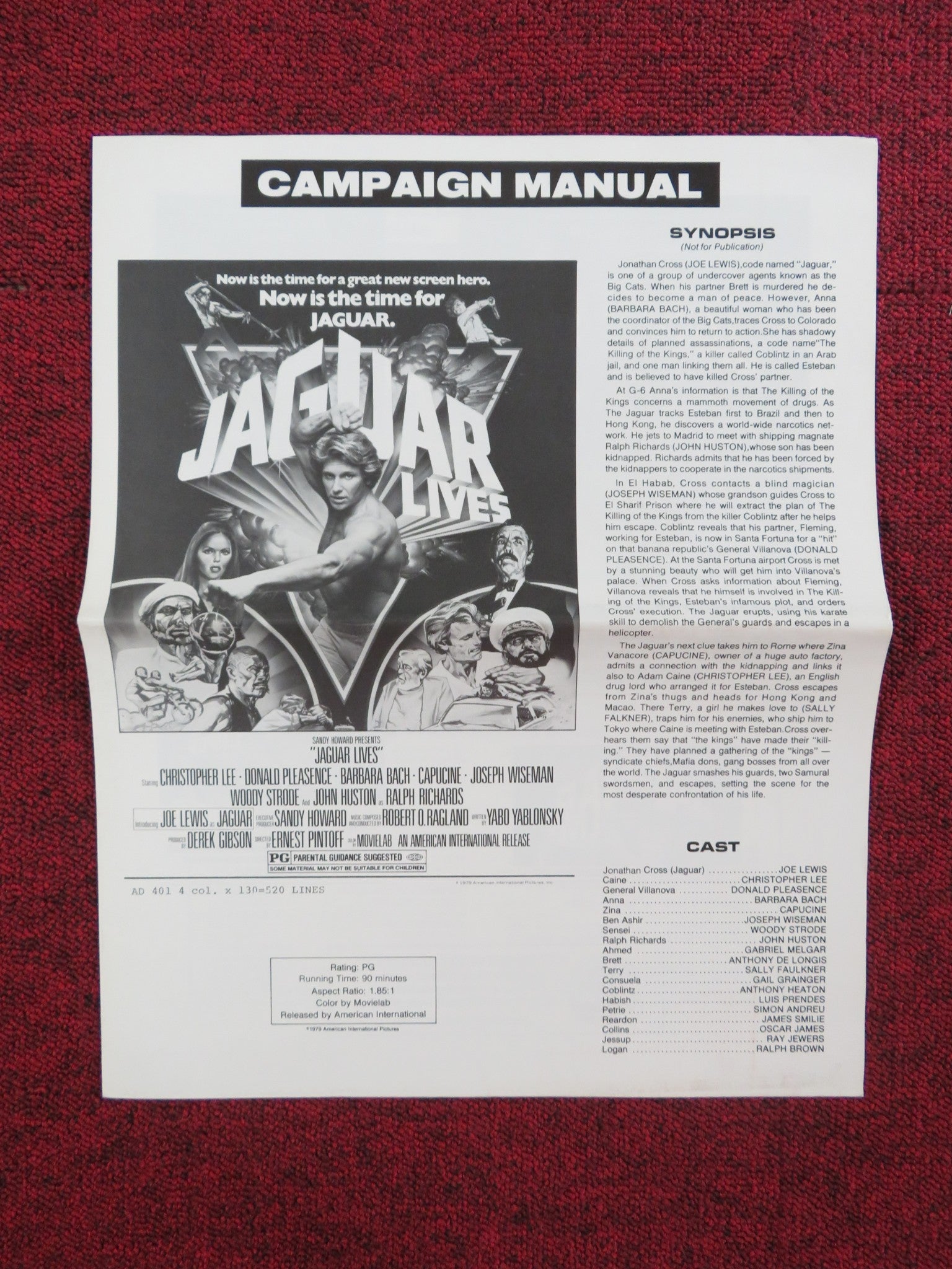 JAGUAR LIVES! UNCUT PRESS BOOK FOLDED CHRISTOPHER LEE JOE LEWIS 1979 Rendezvous Cinema Movie posters