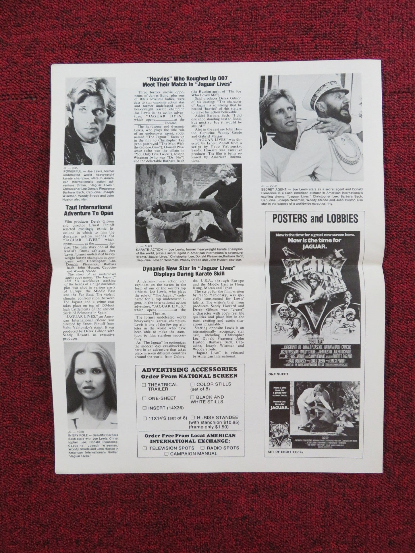 JAGUAR LIVES! UNCUT PRESS BOOK FOLDED CHRISTOPHER LEE JOE LEWIS 1979 Rendezvous Cinema Movie posters