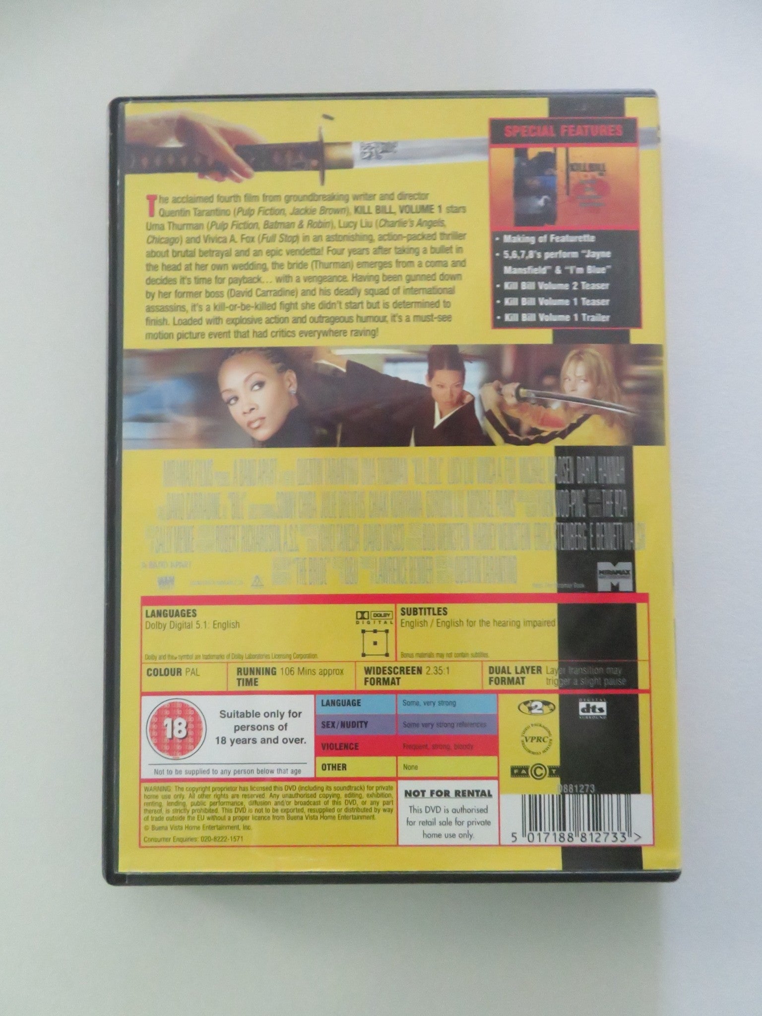 KILL BILL: VOL. 1 (DVD) UMA THURMAN DARYL HANNAH 2003 REGION 2 Movie posters