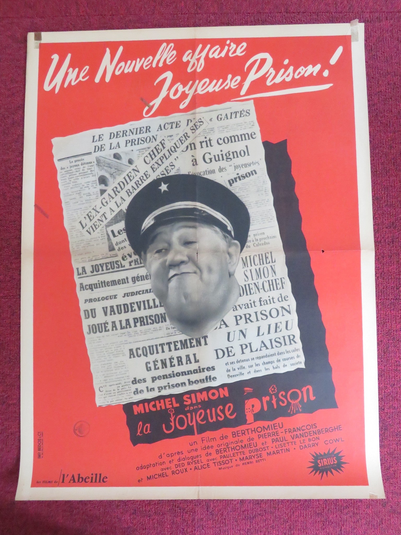 LA JOYEUSE PRISON FRENCH POSTER ROLLED MICHEL SIMON DED RYSEL 1956 Rendezvous Cinema Movie posters