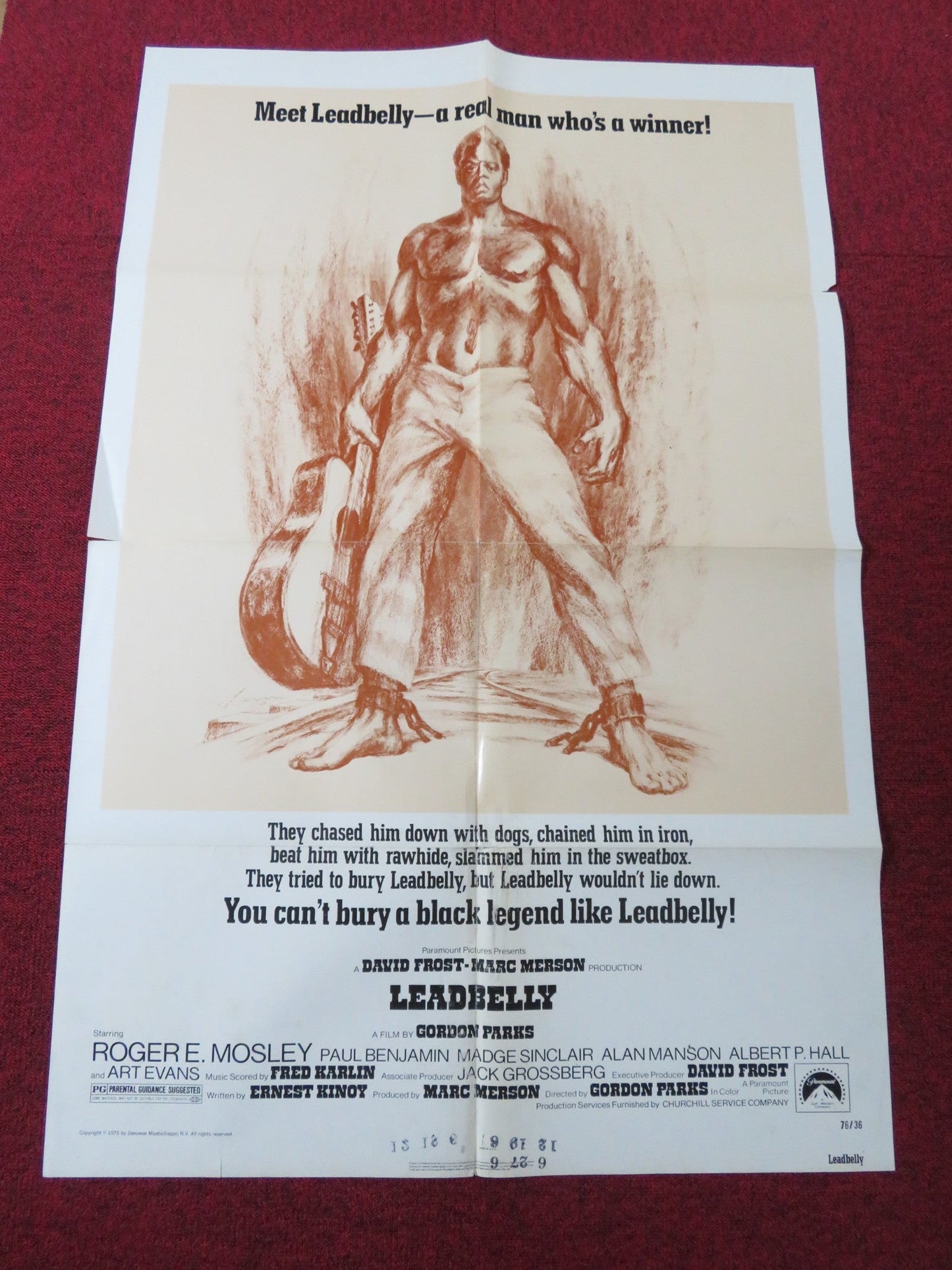 LEADBELLY FOLDED US ONE SHEET POSTER ROGER E. MOSLEY JAMES BRODHEAD 1976 Rendezvous Cinema Movie posters