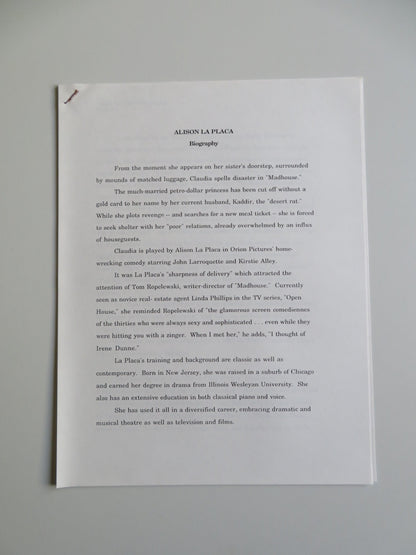 MADHOUSE PRESS KIT 1990 KIRSTIE ALLEY JOHN LARROQUETTE Alison La Placa Movie posters