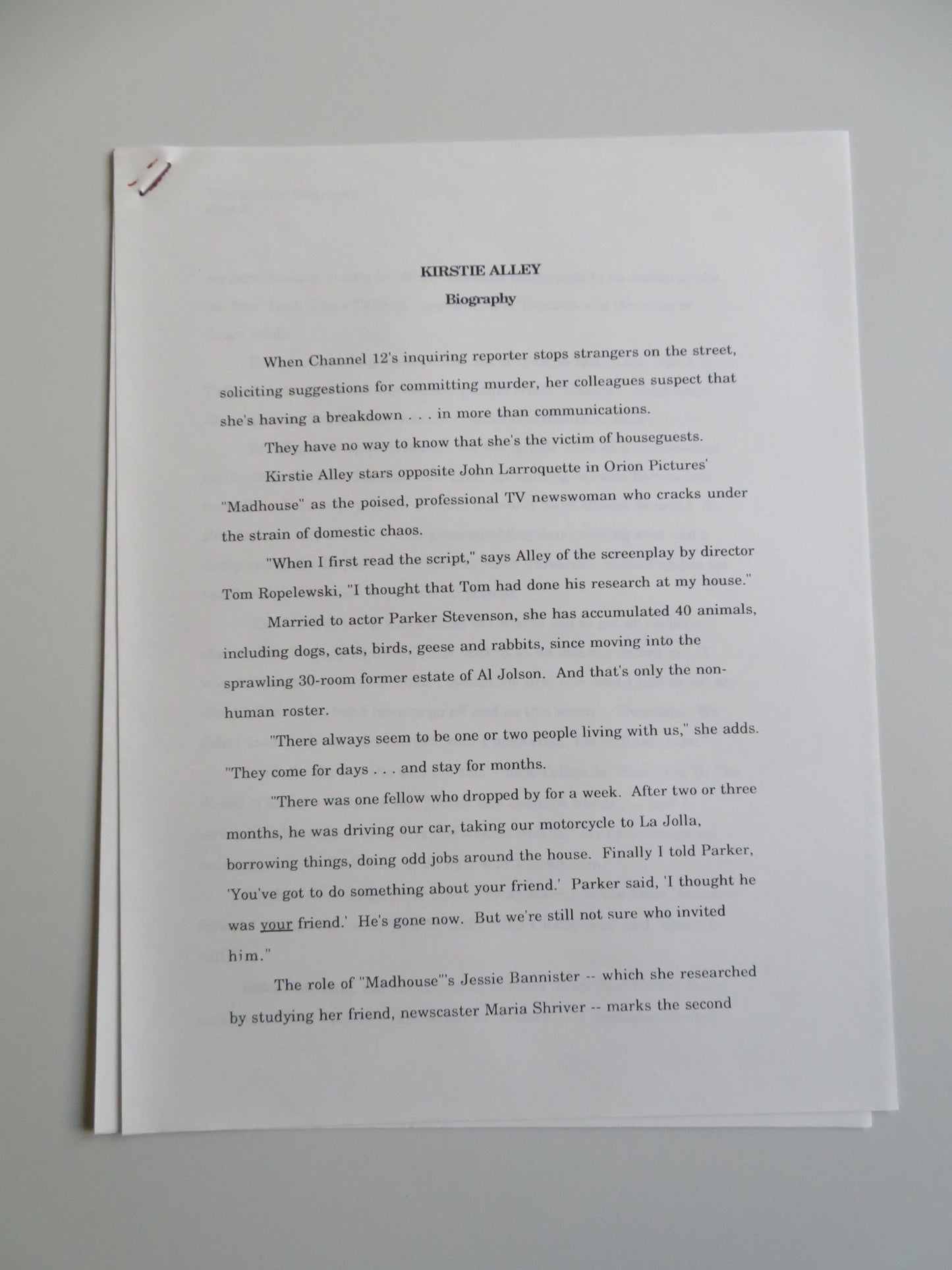 MADHOUSE PRESS KIT 1990 KIRSTIE ALLEY JOHN LARROQUETTE Alison La Placa Movie posters