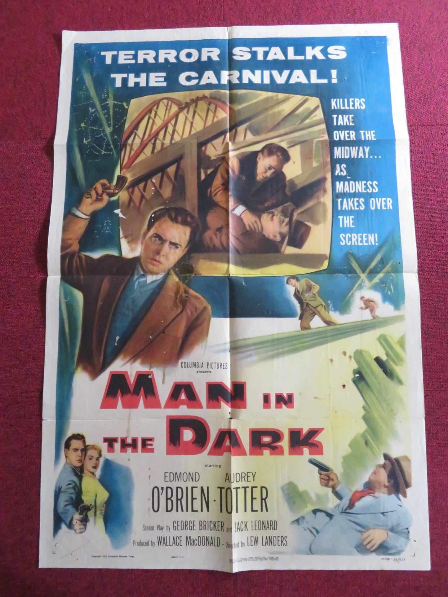 MAN IN THE DARK - B FOLDED US ONE SHEET POSTER EDMOND O'BRIEN AUDREY TOTTER 1953 Rendezvous Cinema Movie posters