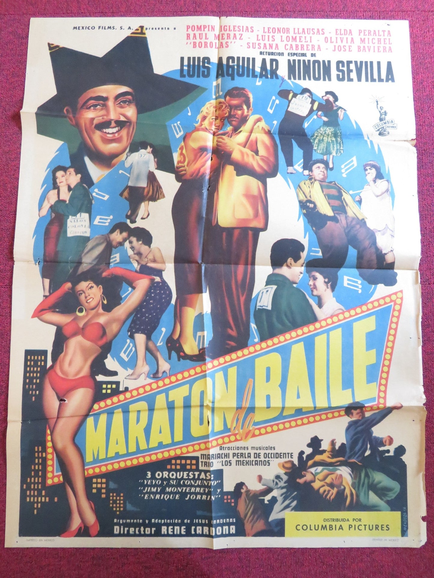 MARATON DE BAILE FOLDED MEXICAN SHEET POSTER POMPIN IGLESIAS LEONAR LLAUSAS 1958 Rendezvous Cinema Movie posters