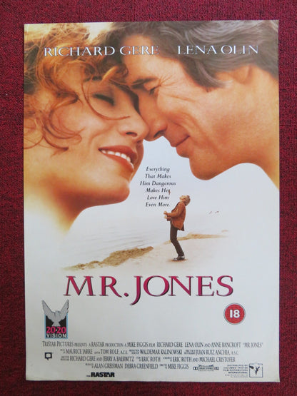 MR. JONES VHS VIDEO POSTER RICHARD GERE LENA OLIN 1993 Rendezvous Cinema Movie posters