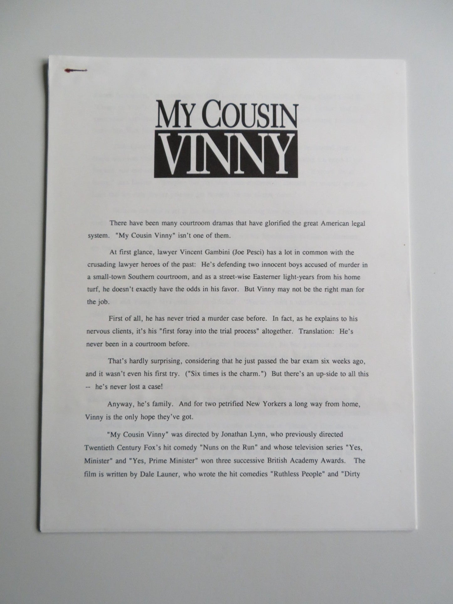 MY COUSIN VINNY PRESS KIT 1992 JOE PESCI MARISA TOMEI RALPH MACCHIO Movie posters