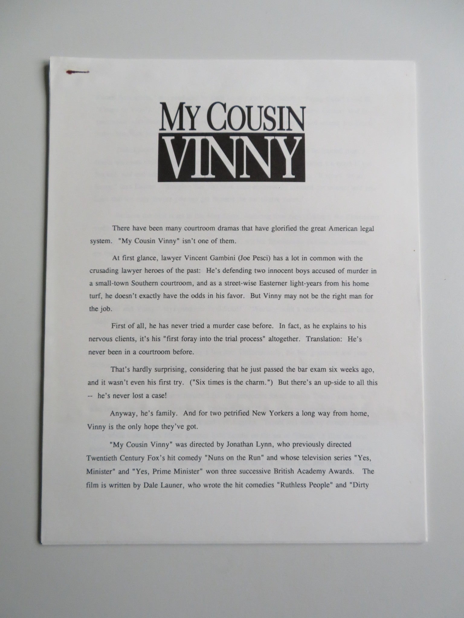 MY COUSIN VINNY PRESS KIT 1992 JOE PESCI MARISA TOMEI RALPH MACCHIO Movie posters