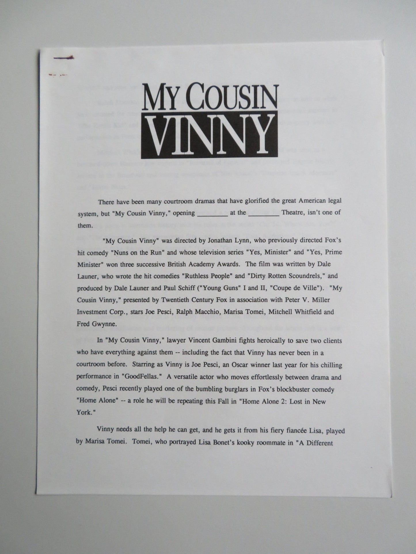 MY COUSIN VINNY PRESS KIT 1992 JOE PESCI MARISA TOMEI RALPH MACCHIO Movie posters