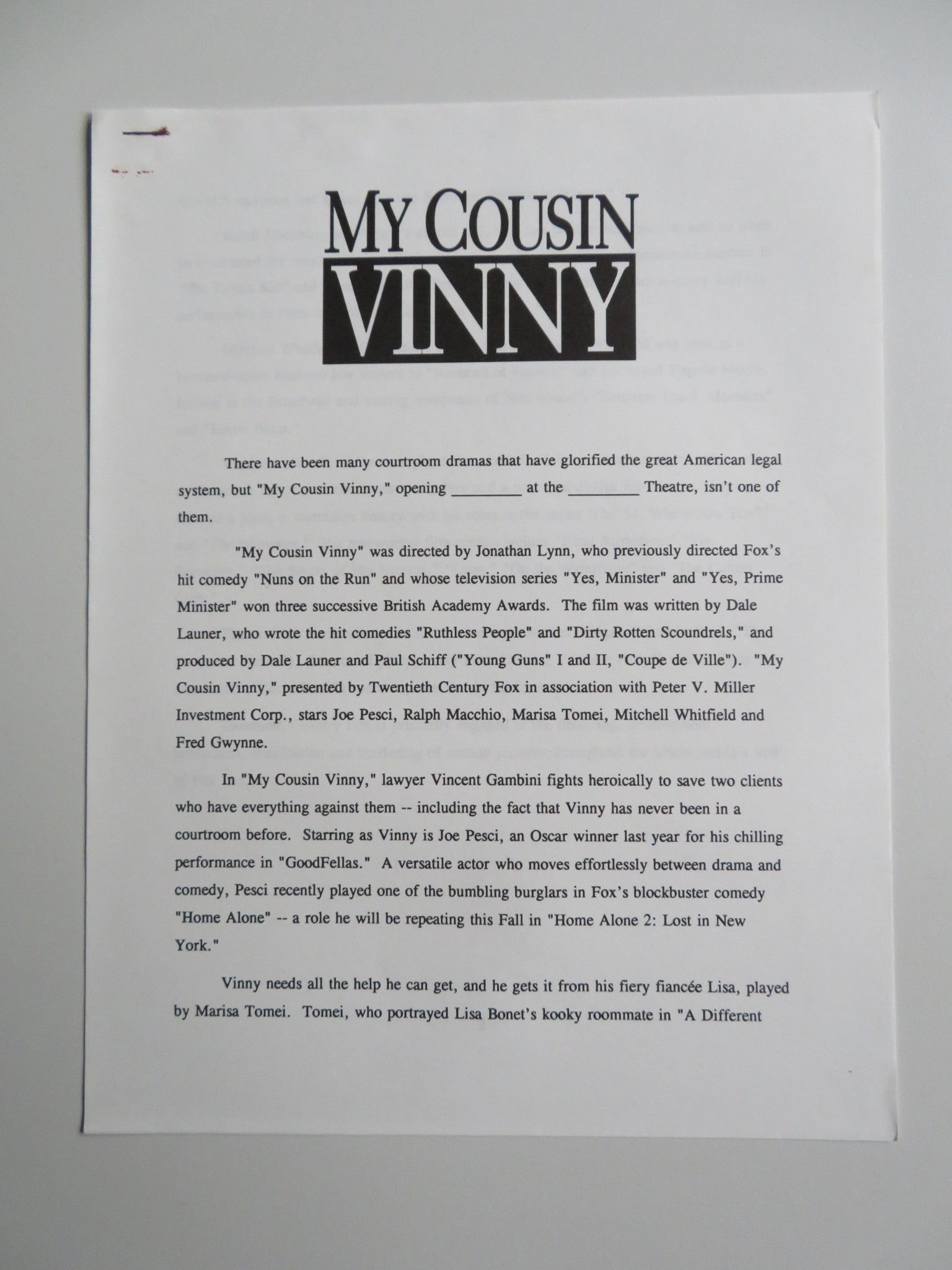 MY COUSIN VINNY PRESS KIT 1992 JOE PESCI MARISA TOMEI RALPH MACCHIO Movie posters