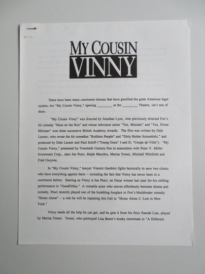 MY COUSIN VINNY PRESS KIT 1992 JOE PESCI MARISA TOMEI RALPH MACCHIO Movie posters