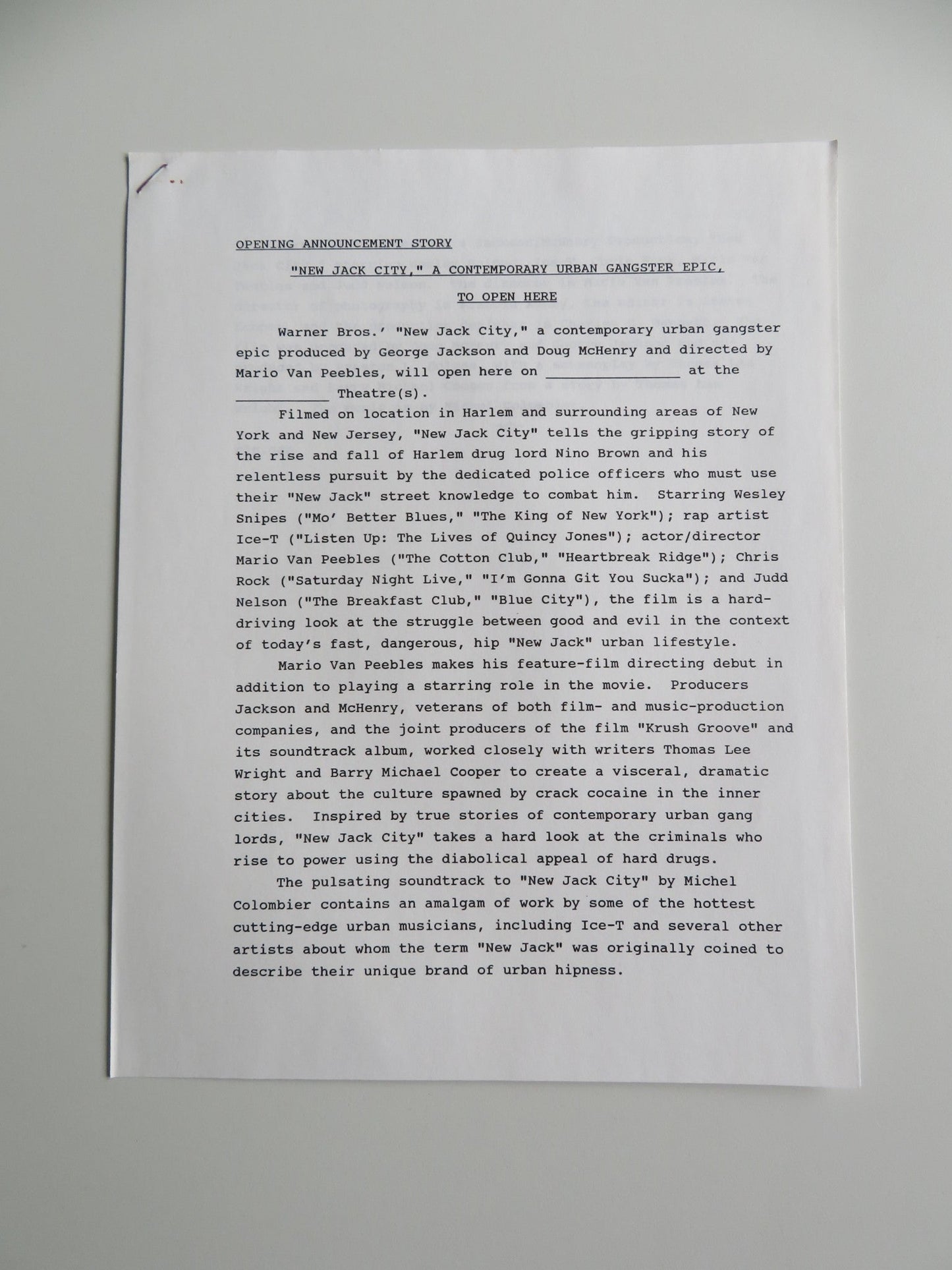 NEW JACK CITY PRESS KIT 1991 WESLEY SNIPES ICE - T CHRIS ROCK Movie posters