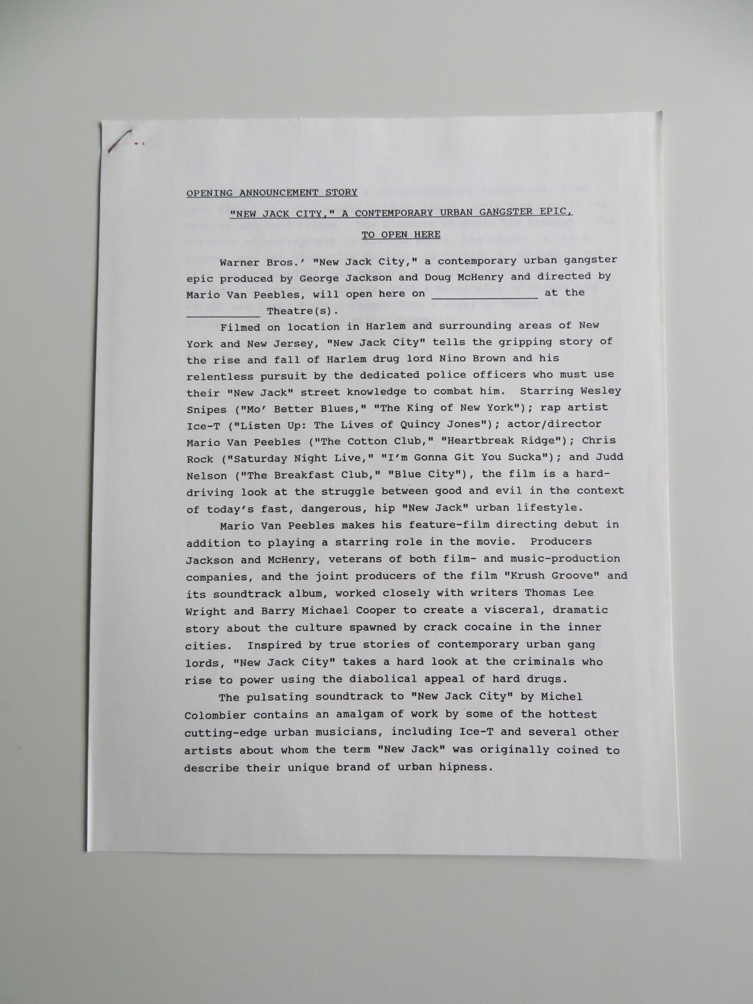NEW JACK CITY PRESS KIT 1991 WESLEY SNIPES ICE - T CHRIS ROCK Movie posters