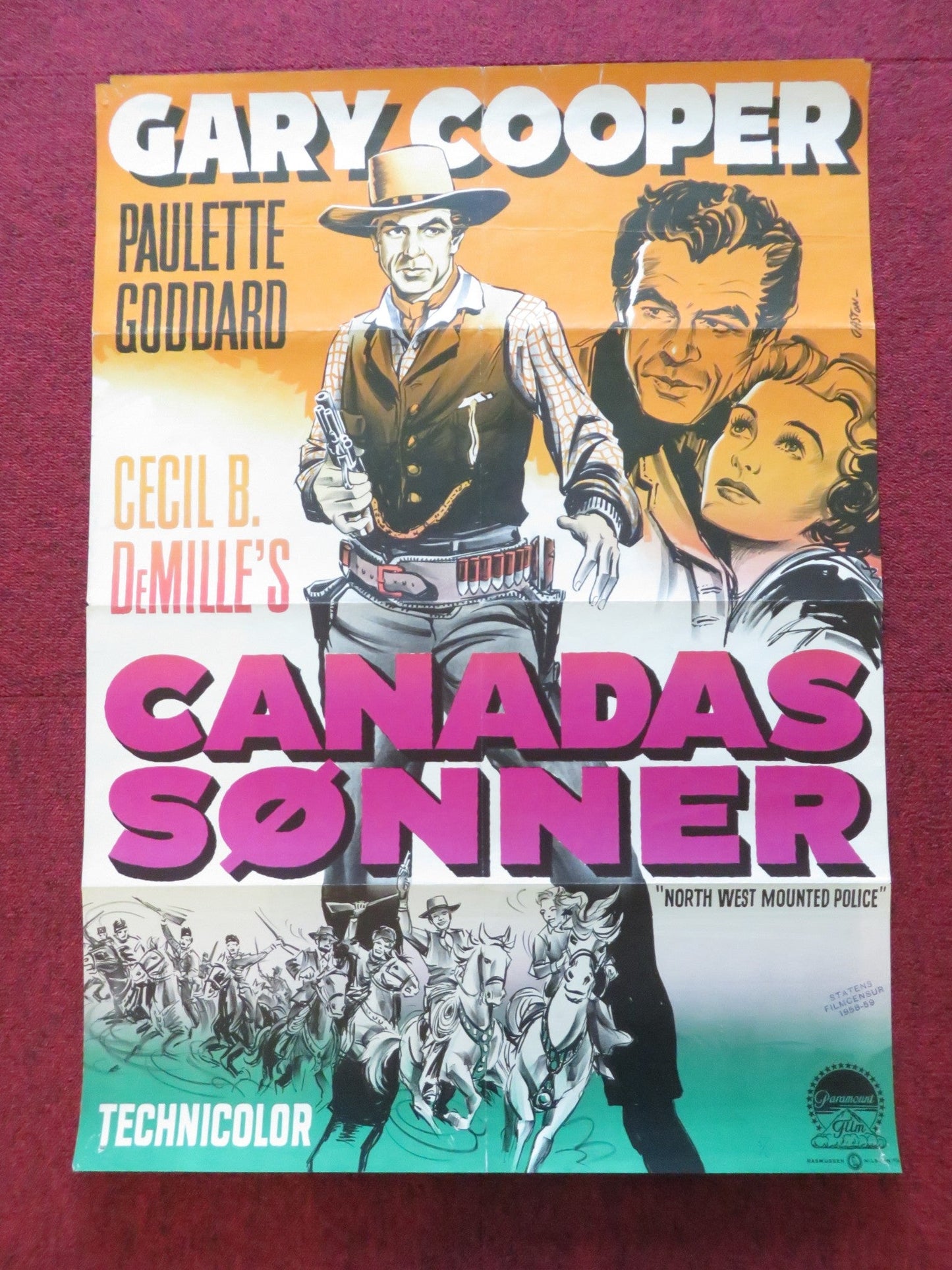 NORTH WEST MOUNTED POLICE DANISH POSTER ROLLED GARY COOPER P. GODDARD R1958 Rendezvous Cinema Movie posters