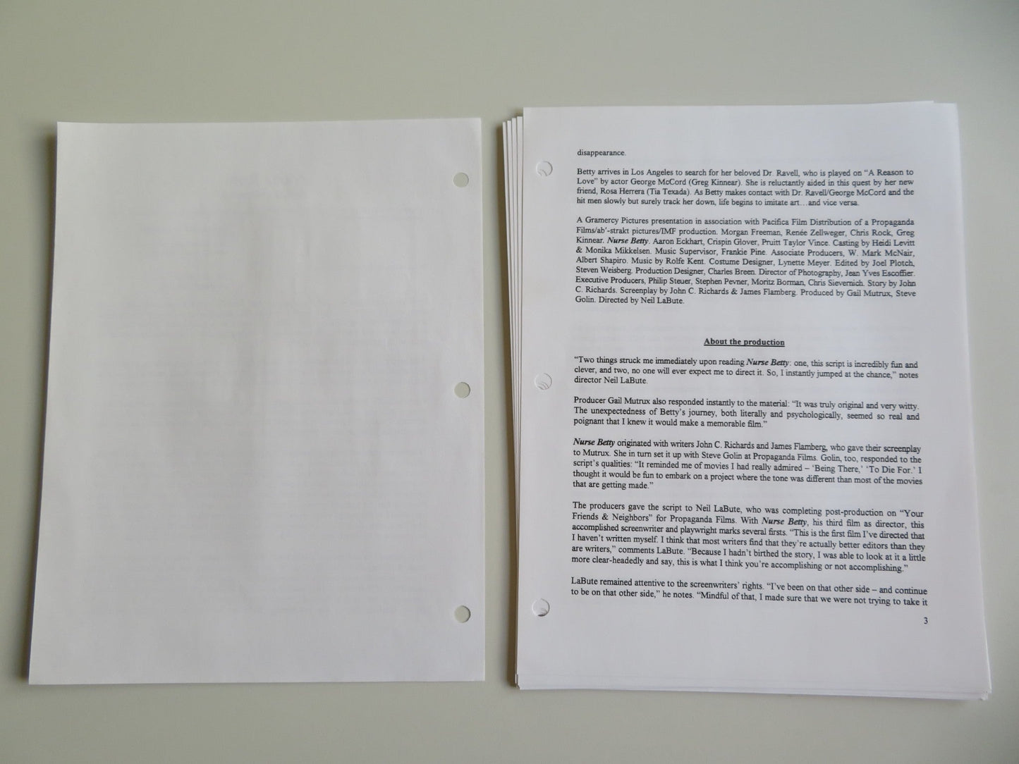 NURSE BETTY PRESS KIT 2000 RENEE ZELLWEGER MORGAN FREEMAN Movie posters