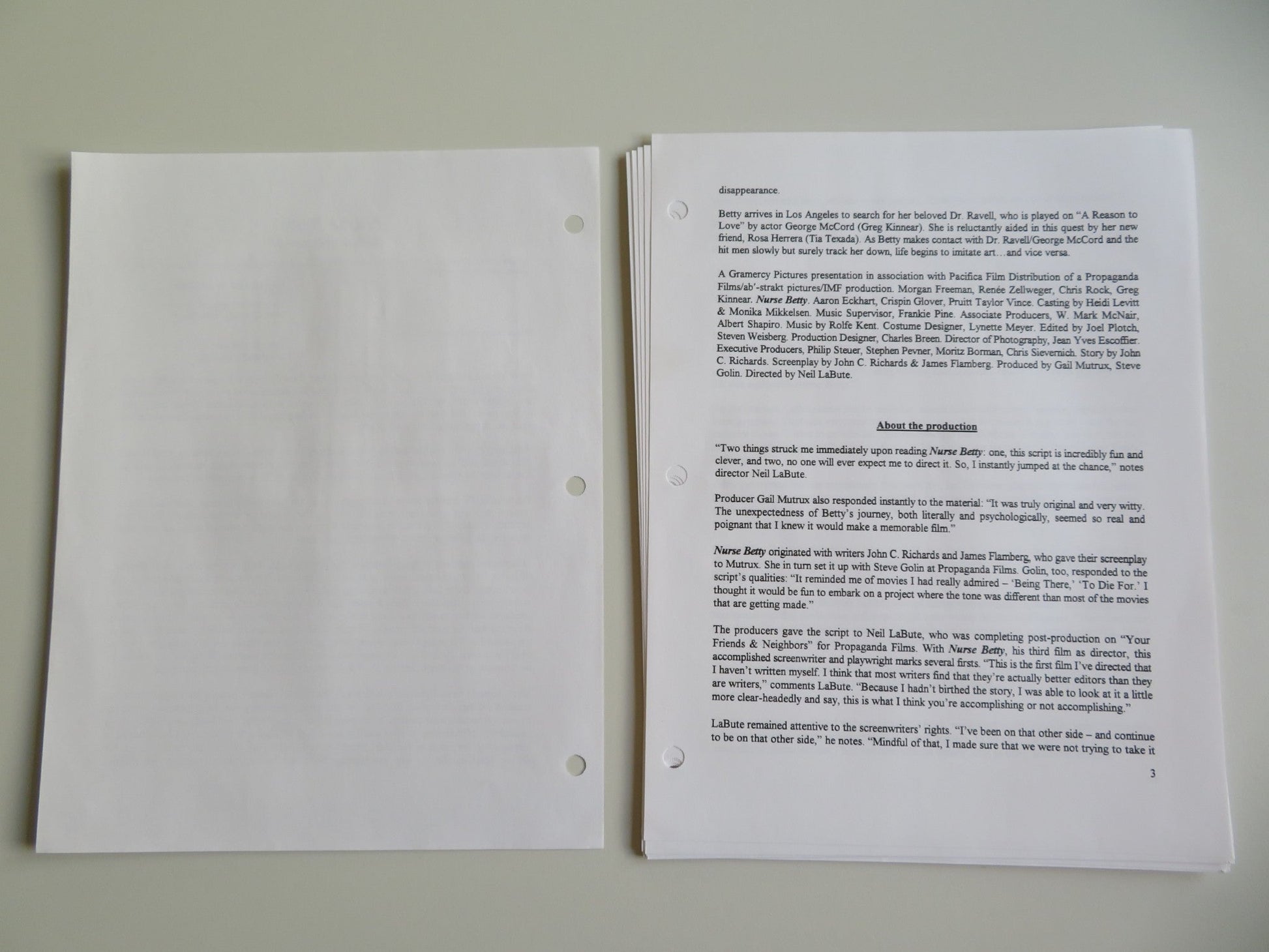 NURSE BETTY PRESS KIT 2000 RENEE ZELLWEGER MORGAN FREEMAN Movie posters