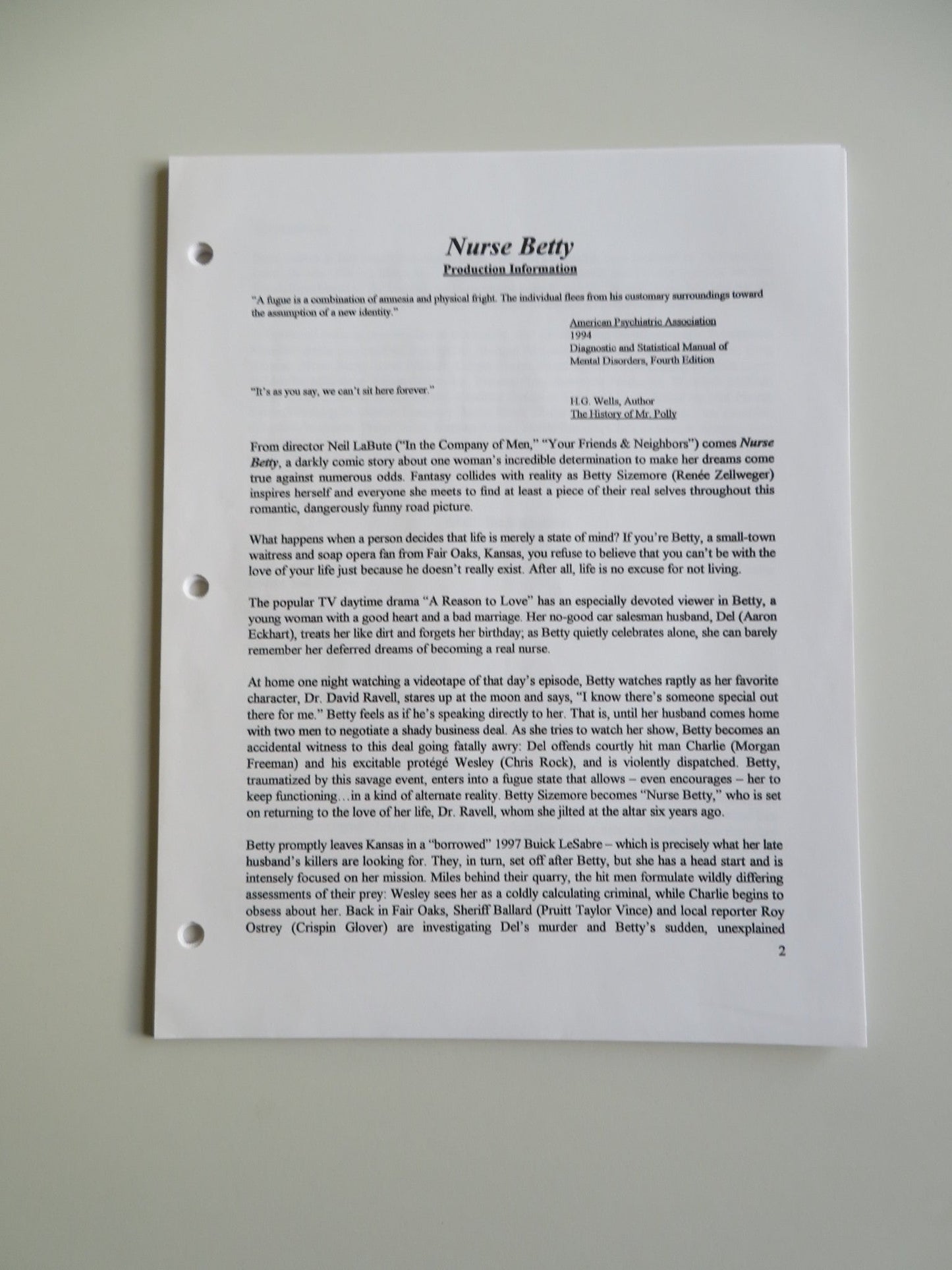 NURSE BETTY PRESS KIT 2000 RENEE ZELLWEGER MORGAN FREEMAN Movie posters
