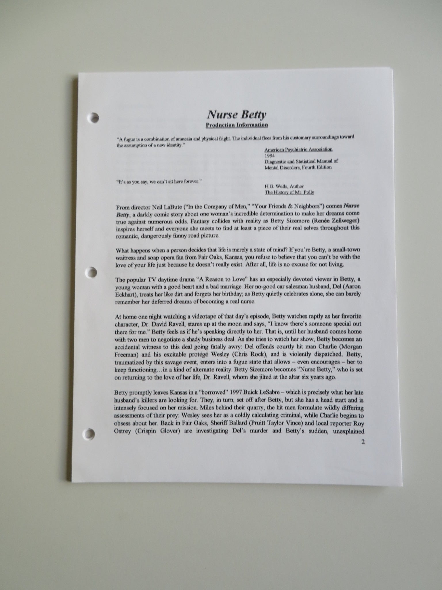 NURSE BETTY PRESS KIT 2000 RENEE ZELLWEGER MORGAN FREEMAN Movie posters