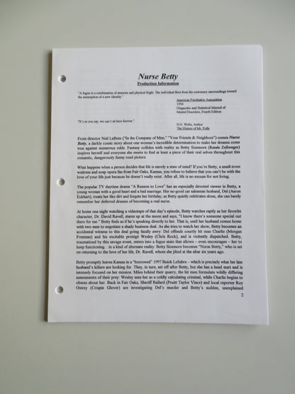 NURSE BETTY PRESS KIT 2000 RENEE ZELLWEGER MORGAN FREEMAN Movie posters