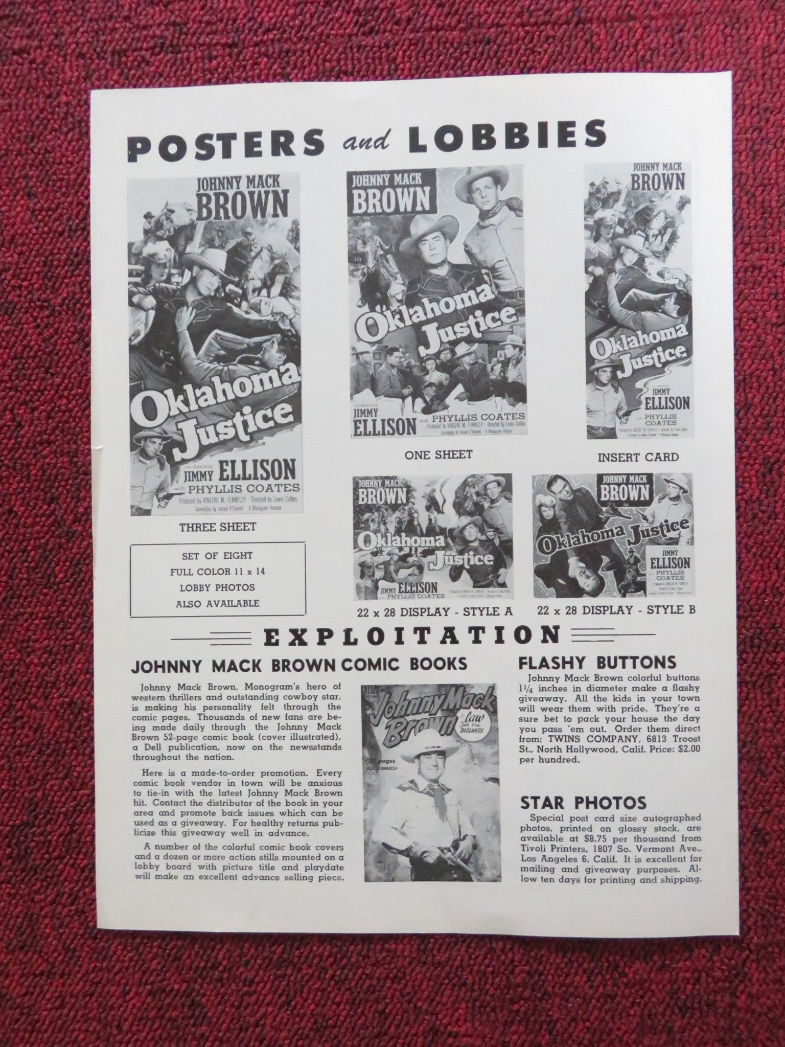 OKLAHOMA JUSTICE UNCUT PRESS BOOK JOHNNY MACK BROWN JIMMY ELLISON 1951 ...