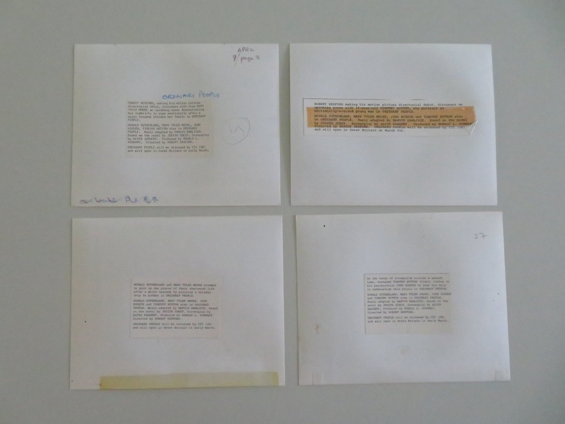 ORDINARY PEOPLE - B MOVIE STILL PHOTO LOT OF 4 DONALD SUTHERLAND T. HUTTON 1980 Movie posters