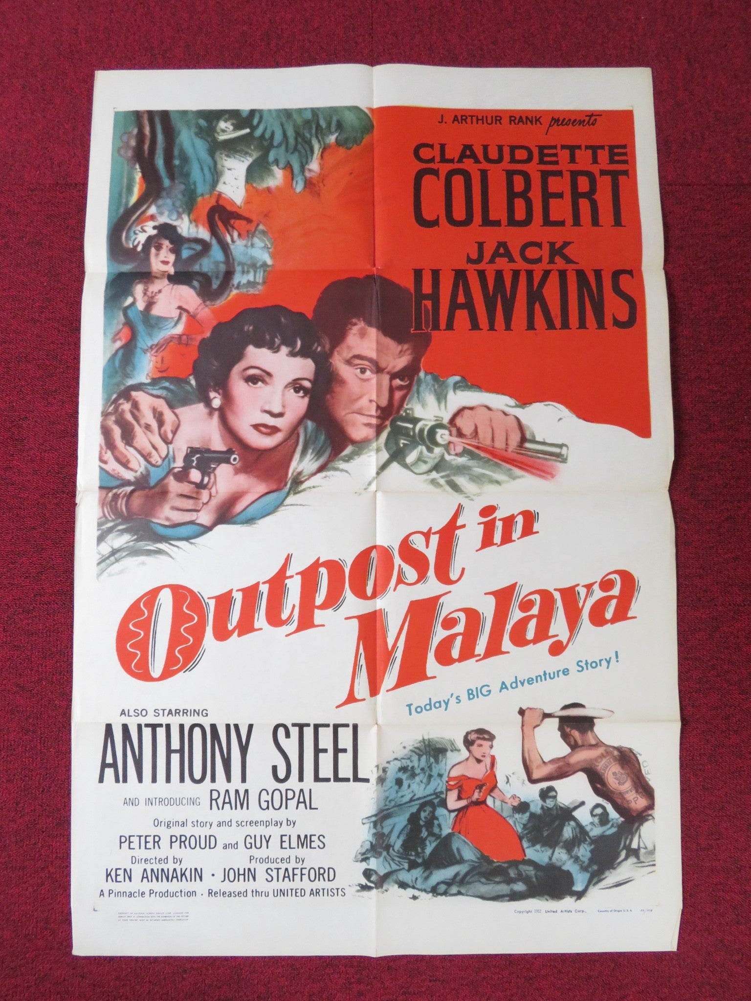 OUTPOST IN MALAYA FOLDED US ONE SHEET POSTER CLAUDETTE COLBERT JACK HAWKINS 1952 Rendezvous Cinema Movie posters