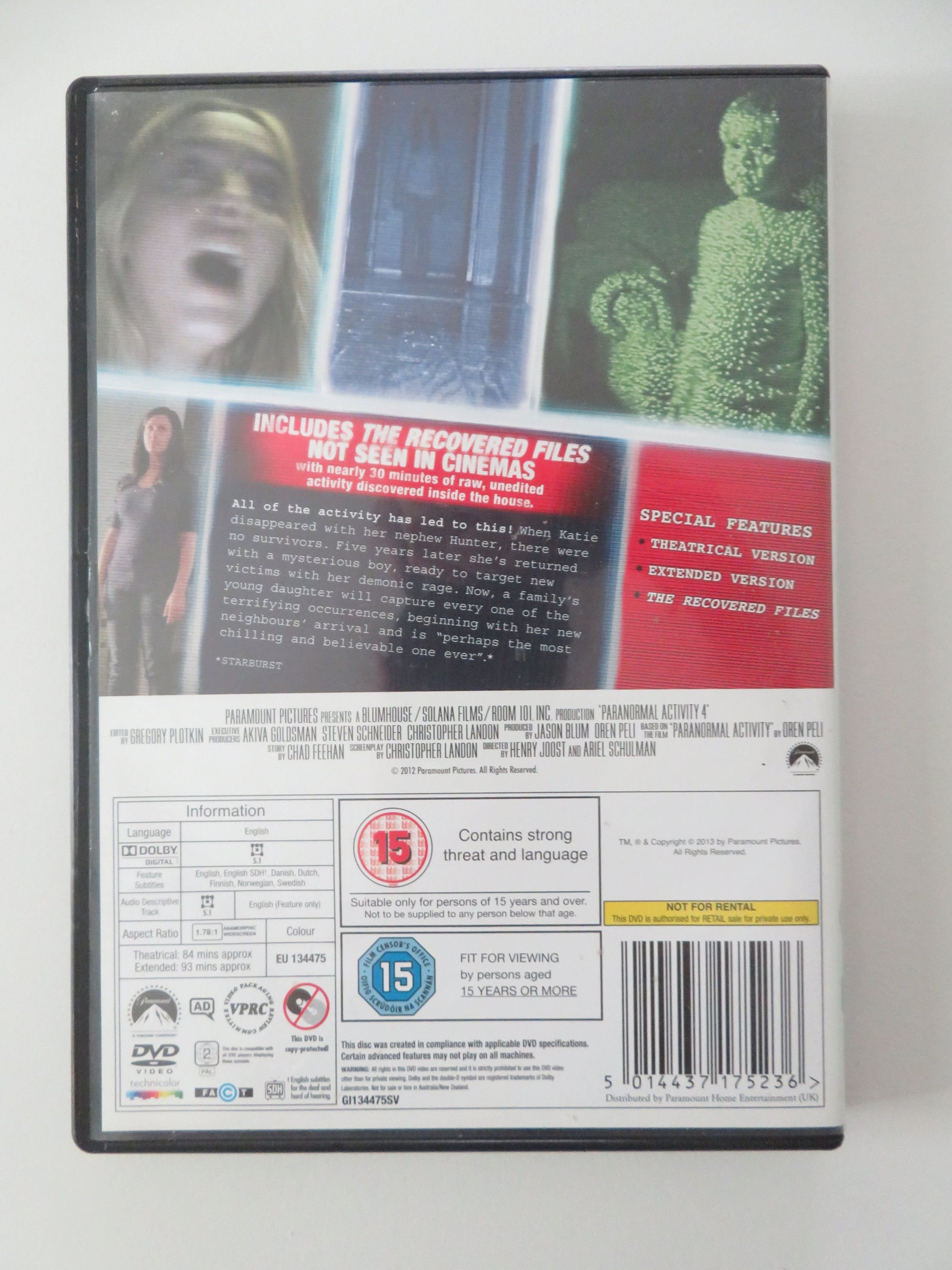 Paranormal Activity 4 (DVD) Stephen Dunham Katie Featherston 2012 Region 2 Movie posters