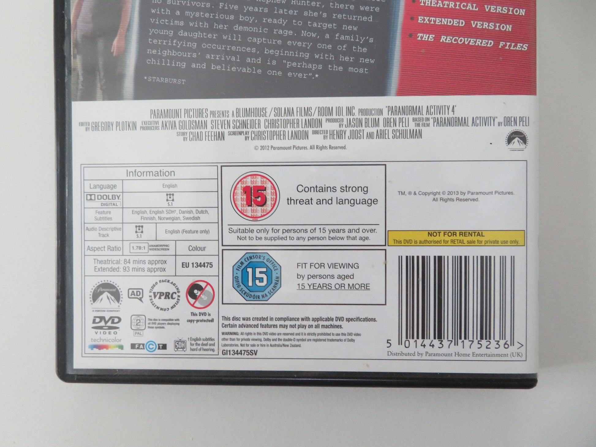 Paranormal Activity 4 (DVD) Stephen Dunham Katie Featherston 2012 Region 2 Movie posters