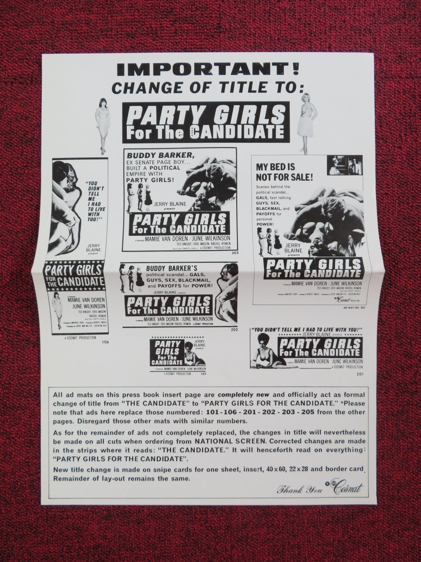 PARTY GIRLS FOR THE CANDIDATE UNCUT PRESS BOOK FOLDED MAMIE VAN DOREN 1964 Rendezvous Cinema Movie posters