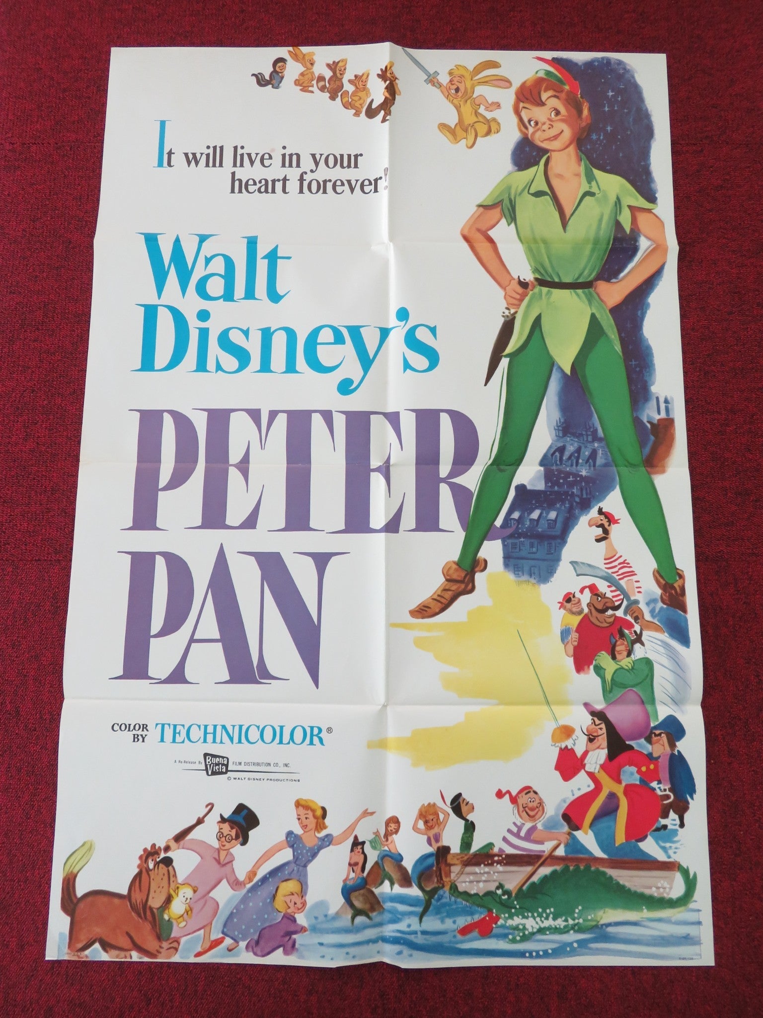 PETER PAN FOLDED US ONE SHEET POSTER DISNEY BOBBY DRISCOLL K. BEAUMONT R1969 Movie posters