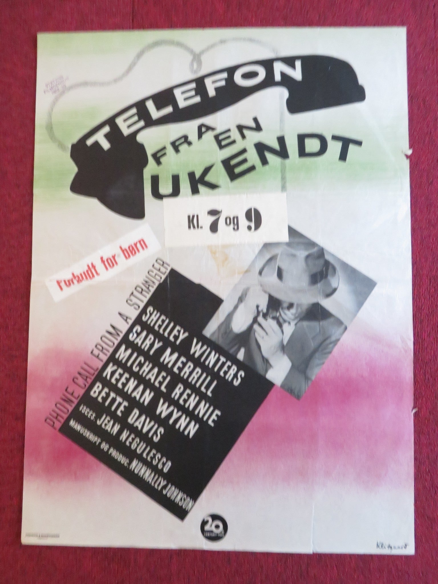PHONE CALL FROM A STRANGER DANISH POSTER ROLLED SHELLEY WINTERS G. MERRILL 1953 Rendezvous Cinema Movie posters