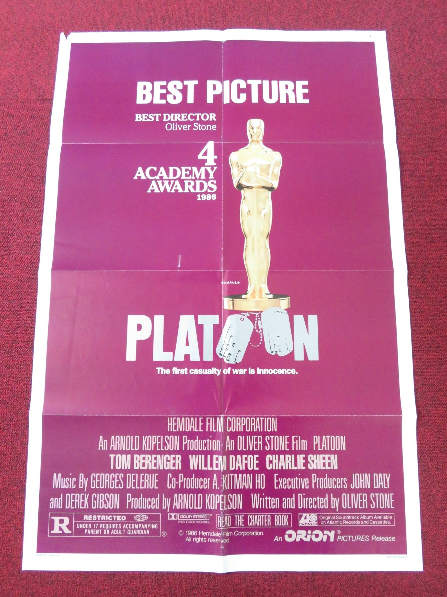 PLATOON FOLDED US ONE SHEET POSTER TOM BERENGER WILLEM DAFOE 1986 Rendezvous Cinema Movie posters