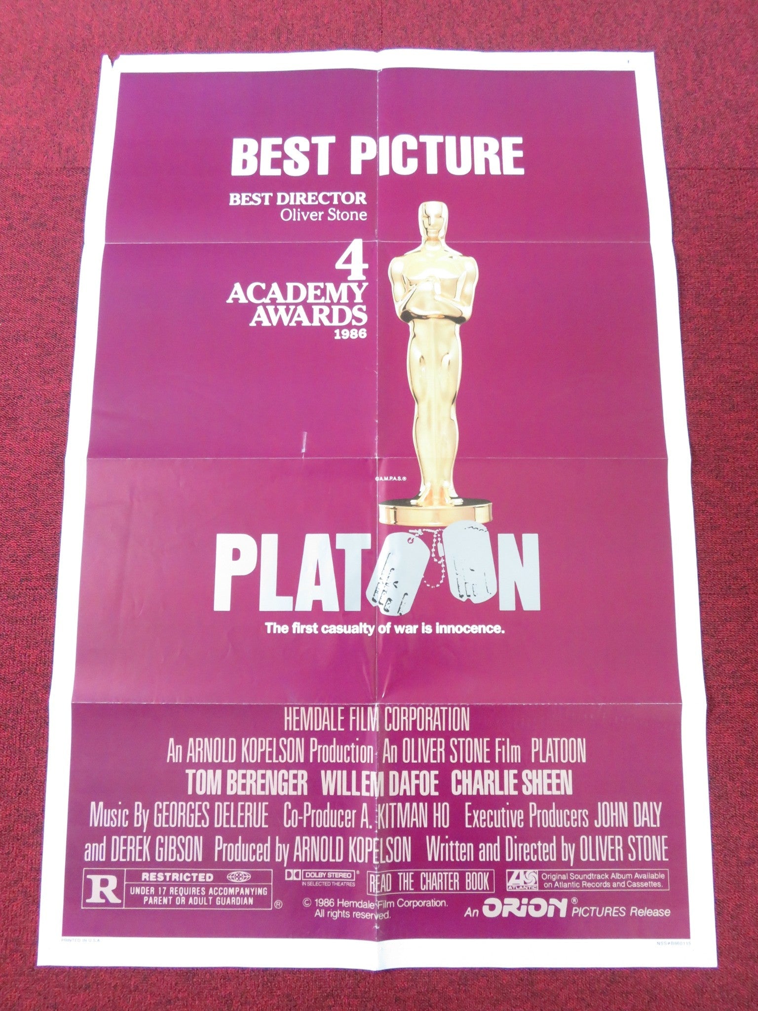PLATOON FOLDED US ONE SHEET POSTER TOM BERENGER WILLEM DAFOE 1986 Rendezvous Cinema Movie posters
