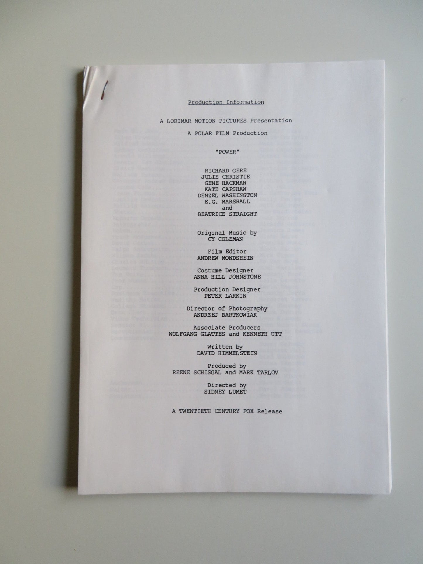 POWER PRESS KIT 1986 RICHARD GERE GENE HACKMAN Movie posters