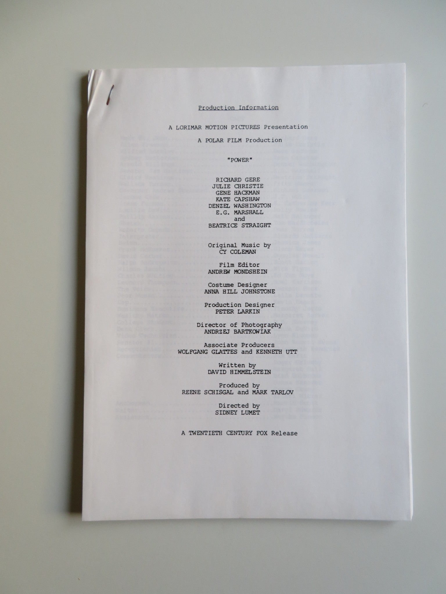 POWER PRESS KIT 1986 RICHARD GERE GENE HACKMAN Movie posters
