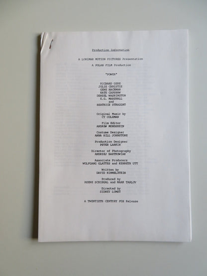 POWER PRESS KIT 1986 RICHARD GERE GENE HACKMAN Movie posters